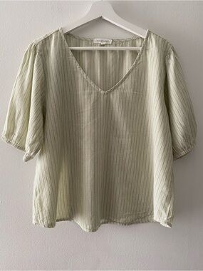 Mododoc Women’s Cotton Stripe Blouse Top  Light Green&Cream  V Neck Short Sleeve